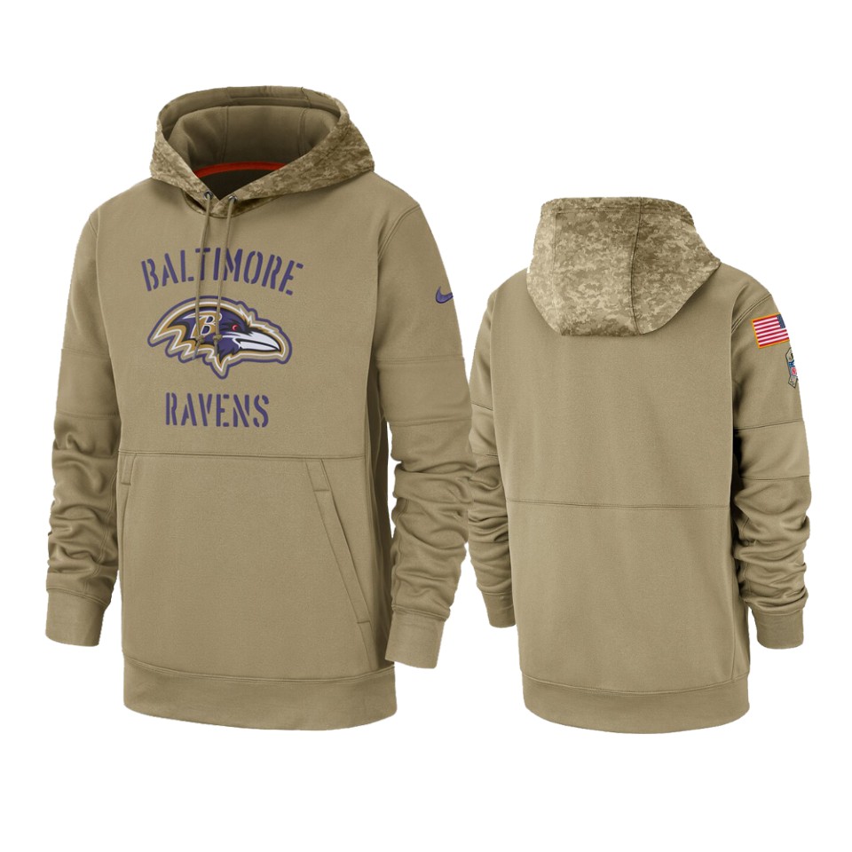 Men's Baltimore Ravens Tan 2019 Salute to Service Sideline Therma Pullover Hoodie Men's Baltimore Ravens Tan 2019 Salute to Service Sideline Therma Pullover Hoodie